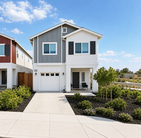 A modern two-story house with a garage and a driveway.