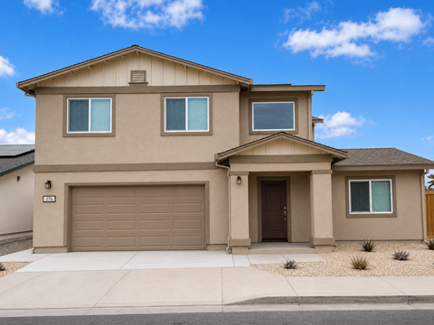A beige house with a brown garage door.