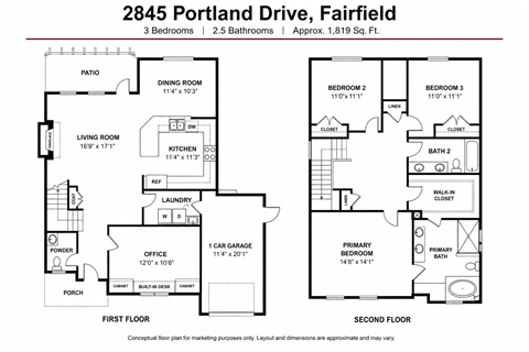 Floor plan for a 2 bedroom, 2.5 bath home.