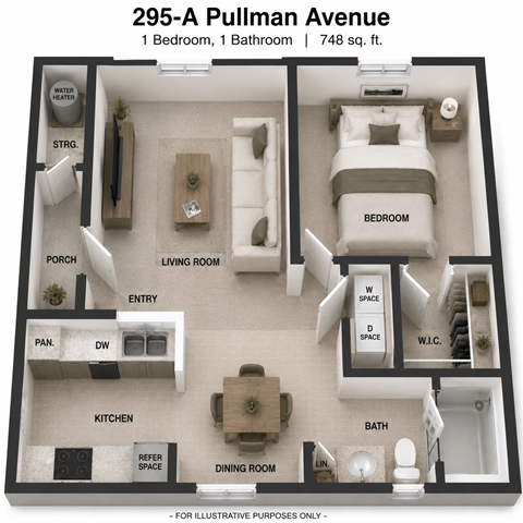A diagram of a 748 sq. ft. apartment with 1 bedroom and 1 bathroom.