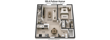 A diagram of a 748 sq. ft. apartment with 1 bedroom and 1 bathroom.