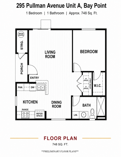 A floor plan for a 1 bedroom, 1 bathroom apartment at 295 Pullman Avenue Unit A, Bay Point.