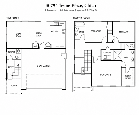 A floor plan for a 3 bedroom, 2.5 bathroom apartment located at 3079 Thyme Place, Chico.