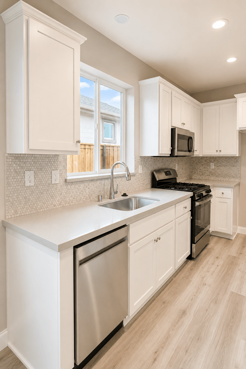 A kitchen with white cabinets and a stainless steel dishwasher.