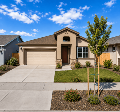 A house with a brown roof and tan garage door is surrounded by a small garden.