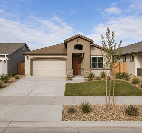 A house with a brown roof and a brown garage door is surrounded by a gravel area and a small tree.