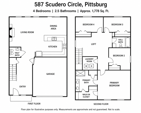A floor plan for a 4 bedroom, 2.5 bathroom property at 587 Scudero Circle, Pittsburg.