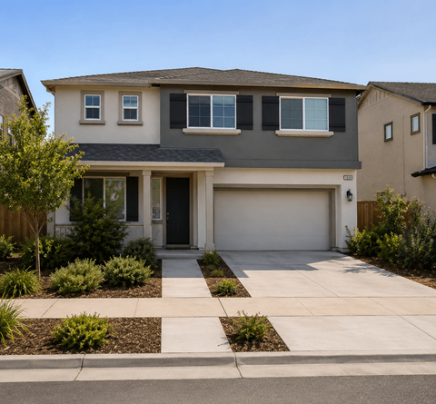 A modern two-story house with a garage and a driveway.