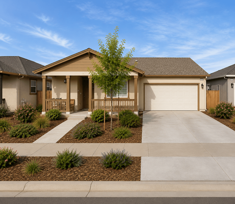 A house with a brown roof and a white garage door.