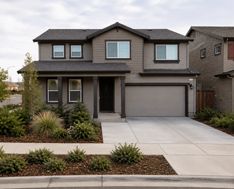 A modern house with a grey garage door and a black roof.