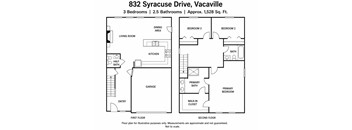 A floor plan for a 3 bedroom, 2.5 bathroom apartment at 832 Syracuse Drive, Vacaville.