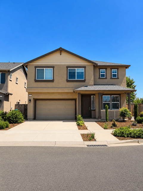 A beige house with a garage door and a driveway.