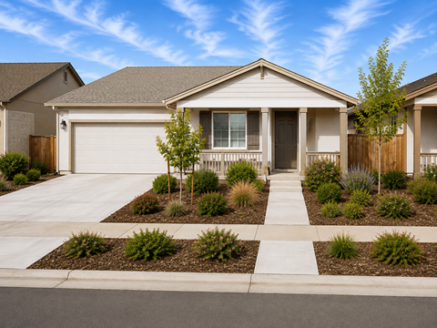 A house with a white garage door and a brown fence.