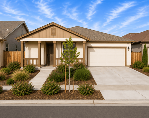 A house with a brown roof and a white garage door.