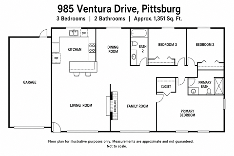 A floor plan for a 1,351 sq ft home with 3 bedrooms and 2 bathrooms.
