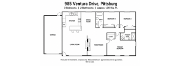 A floor plan for a 1,351 sq ft home with 3 bedrooms and 2 bathrooms.