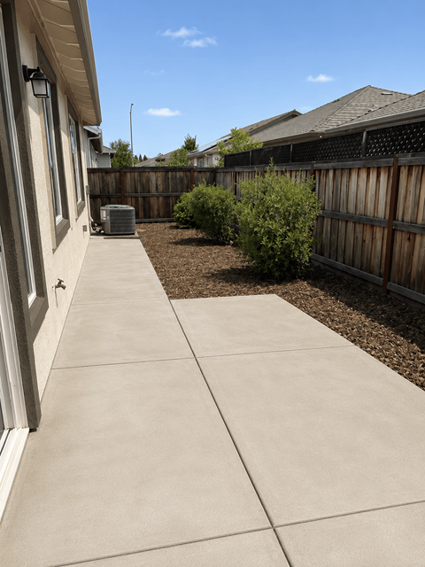 A concrete walkway leads to a wooden fence.