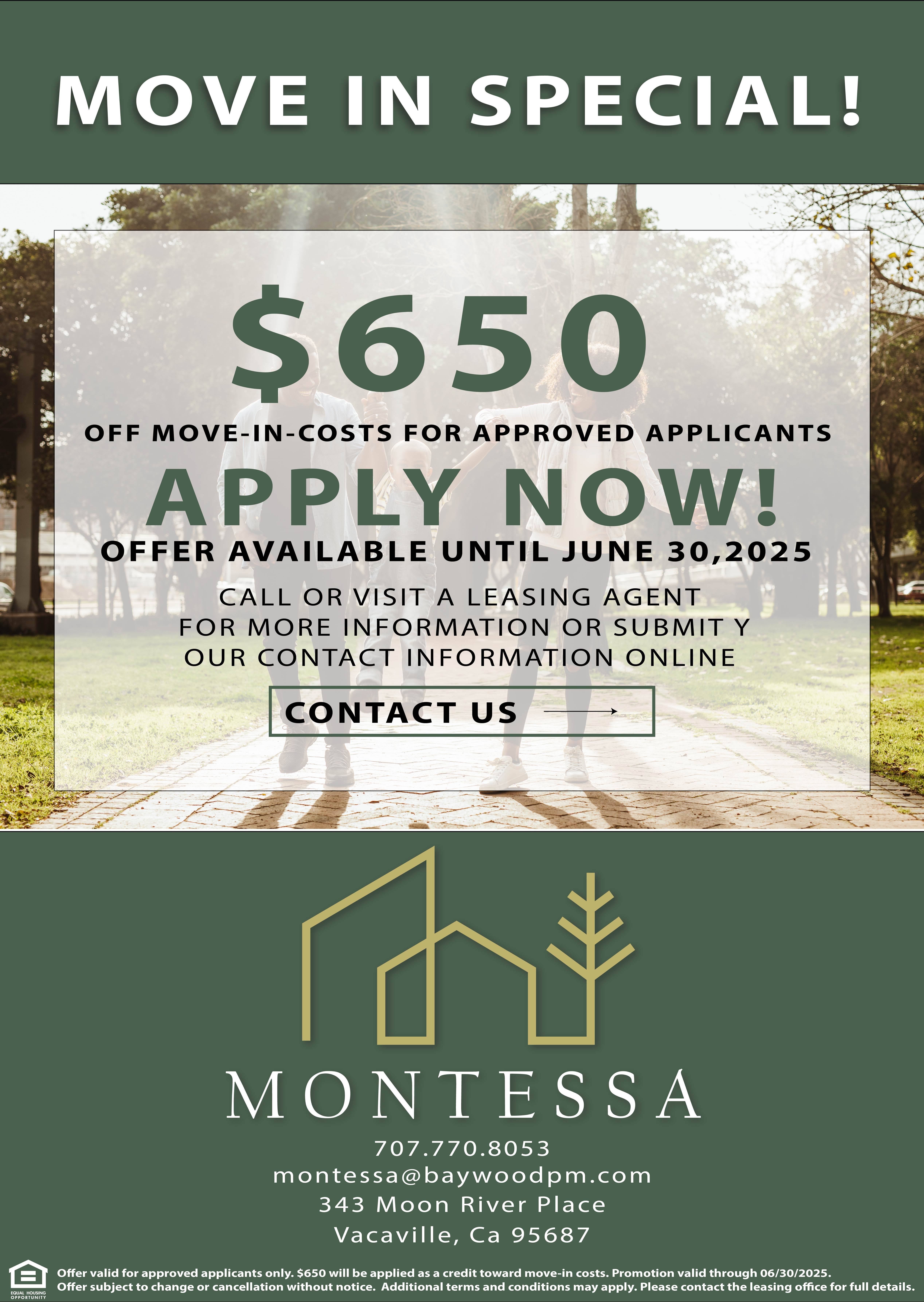 A flyer advertises a move-in special for $650 off move-in costs for approved applicants.