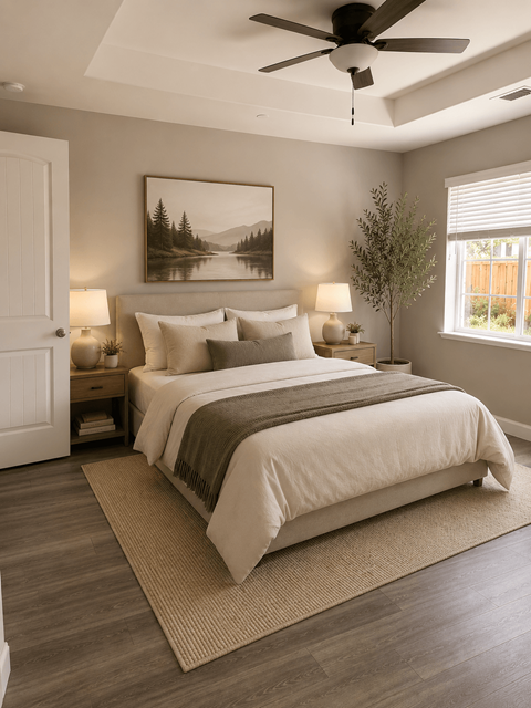 A bedroom with a large bed and a painting on the wall.