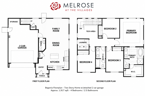 A floor plan for a Begonia floorplan - Two Story Home with two car garage.