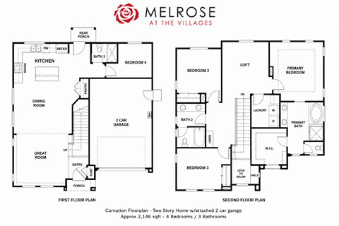 A floor plan for a Melrose at the Villages property showing the layout of the first and second floors.