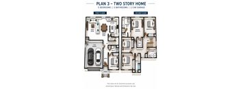 A diagram of a two story home with five bedrooms and three bathrooms.