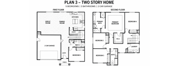 A floor plan of a two story home with five bedrooms and two garages.