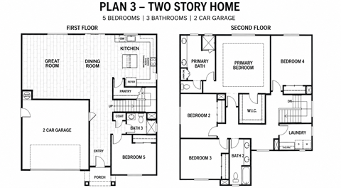 A floor plan of a two story home with five bedrooms and two garages.
