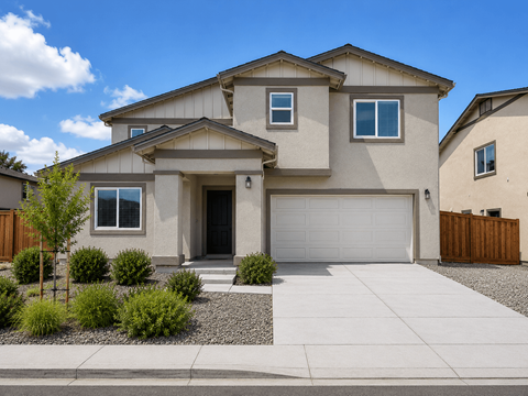 A beige house with a brown fence and a small tree in front.