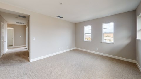 A large empty room with carpeted floor and two windows.