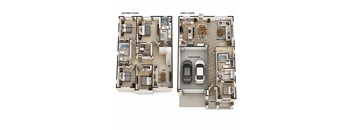 A floor plan of a two-story apartment with two bedrooms on the second floor and a kitchen, dining room, and family room on the first floor.