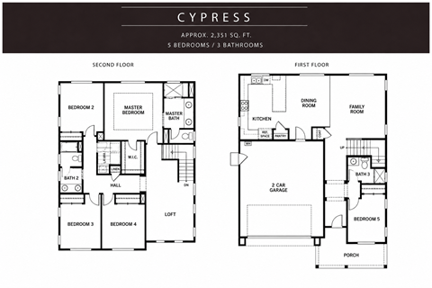 A floor plan for a Cypress apartment shows two bedrooms and a loft on the second floor and a kitchen, dining room, and living room on the first floor.