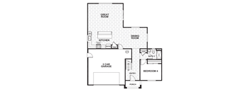 A black and white floor plan of a house with a great room, kitchen, dining room, two car garage, porch, and bedroom 4.