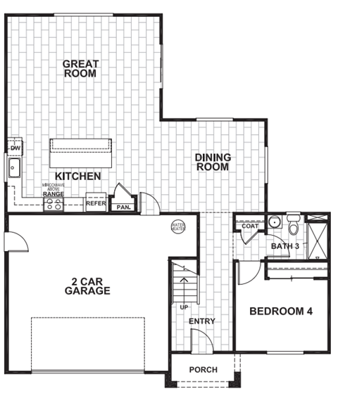 A black and white floor plan of a house with a great room, kitchen, dining room, two car garage, porch, and bedroom 4.
