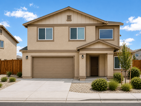 A beige house with a brown garage door and a brown fence.
