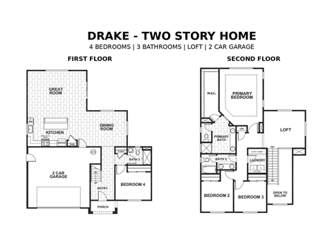 A two story home floor plan with 4 bedrooms, 3 bathrooms, a loft, and a 2 car garage.