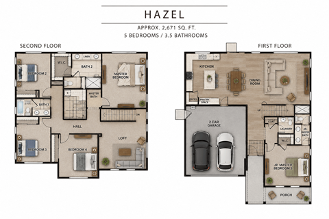 A floor plan of a two-story house named Hazel with 5 bedrooms and 3.5 bathrooms.