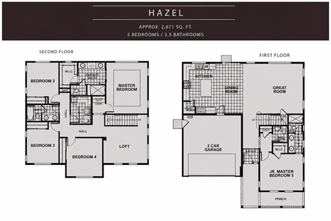A floor plan for a two-story house with five bedrooms and three bathrooms.