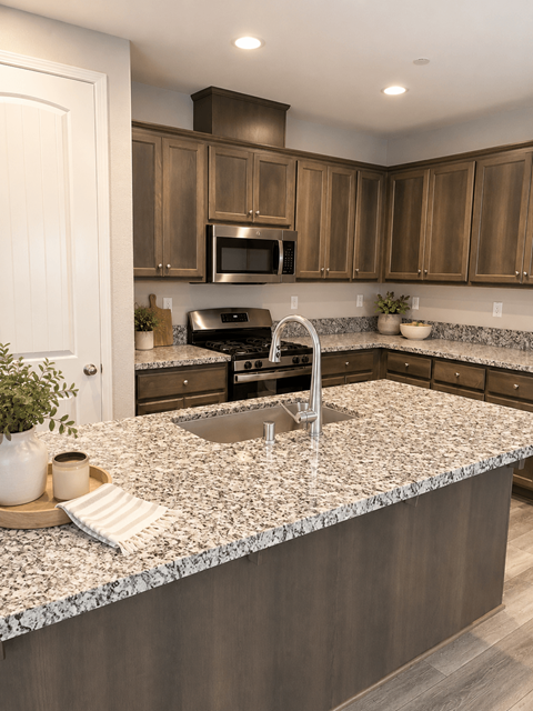 A kitchen with a granite countertop and wooden cabinets.