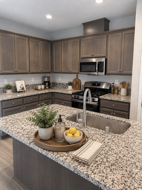 A kitchen with granite countertops and a sink.