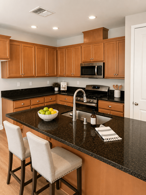 A kitchen with wooden cabinets and black countertops.