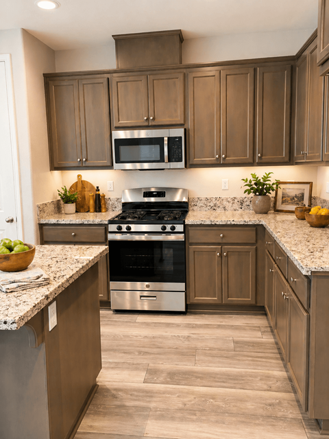 A kitchen with a stove top oven and microwave above it.