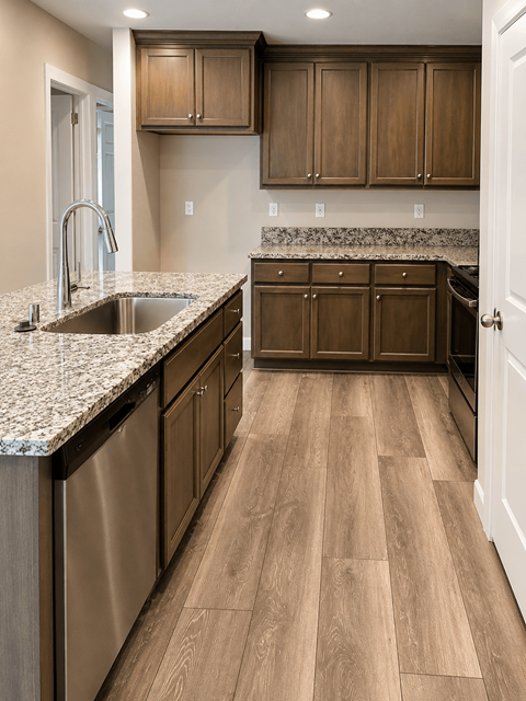 A kitchen with wooden cabinets and a granite countertop.
