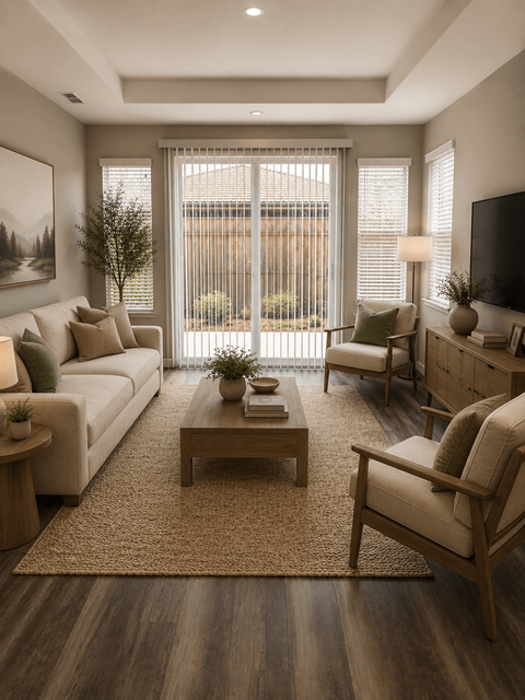 A living room with a couch, chairs, and a coffee table.