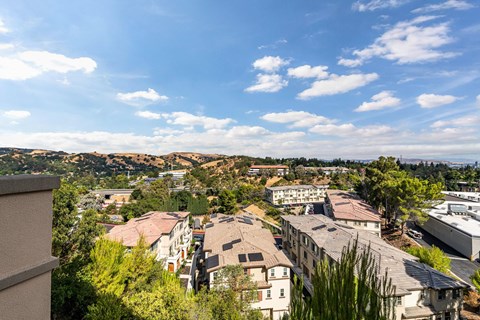 A view of a residential area with houses and trees.