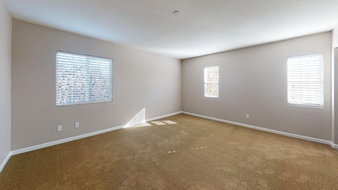 A room with carpeted floor and two windows.
