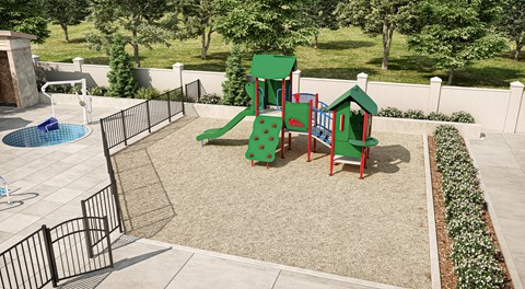 A playground with a green slide and red swings.
