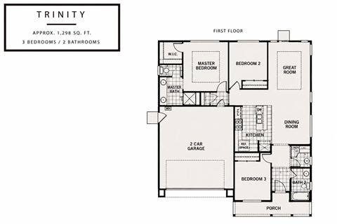 A floor plan for a property named Trinity shows three bedrooms and two bathrooms.