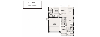 A floor plan for a property named Trinity shows three bedrooms and two bathrooms.