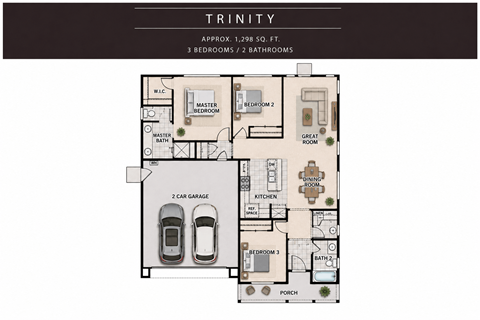 A floor plan for a property named Trinity, showing a master bedroom, two bedrooms, a garage, and a kitchen.